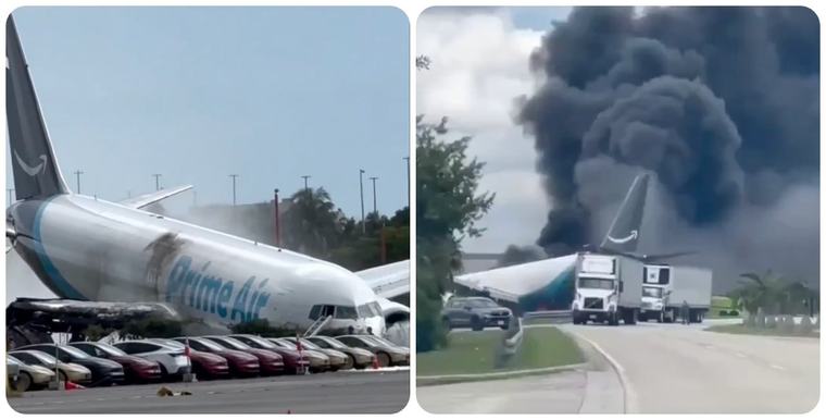 Las impactantes imágenes del avión de carga que se salió de la pista del aeropuerto de Miami