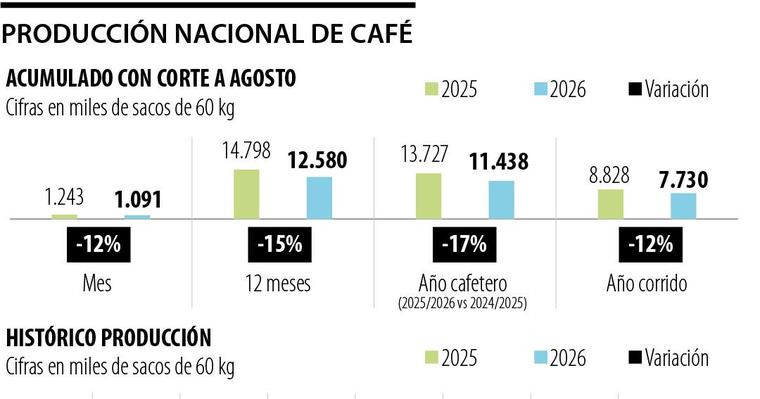 Producción nacional de café en agosto fue de 1,09 millones de sacos de 60 kg y cayó 12%