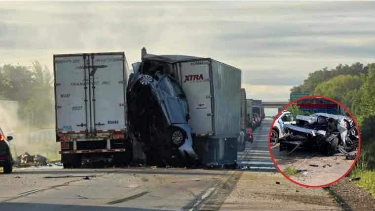 2 Familia sobrevive a raro accidente en el que su carro quedó aplastado 'verticalmente' entre dos tractocamiones: 'Nadie debería pasar por esto'